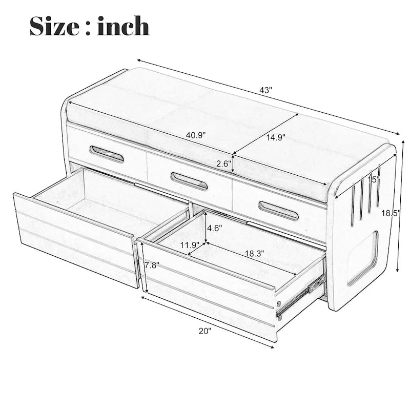 Rustic Entryway Storage Bench with 2 Pull-Out Drawers Padded Seat and Acacia Wood Frame