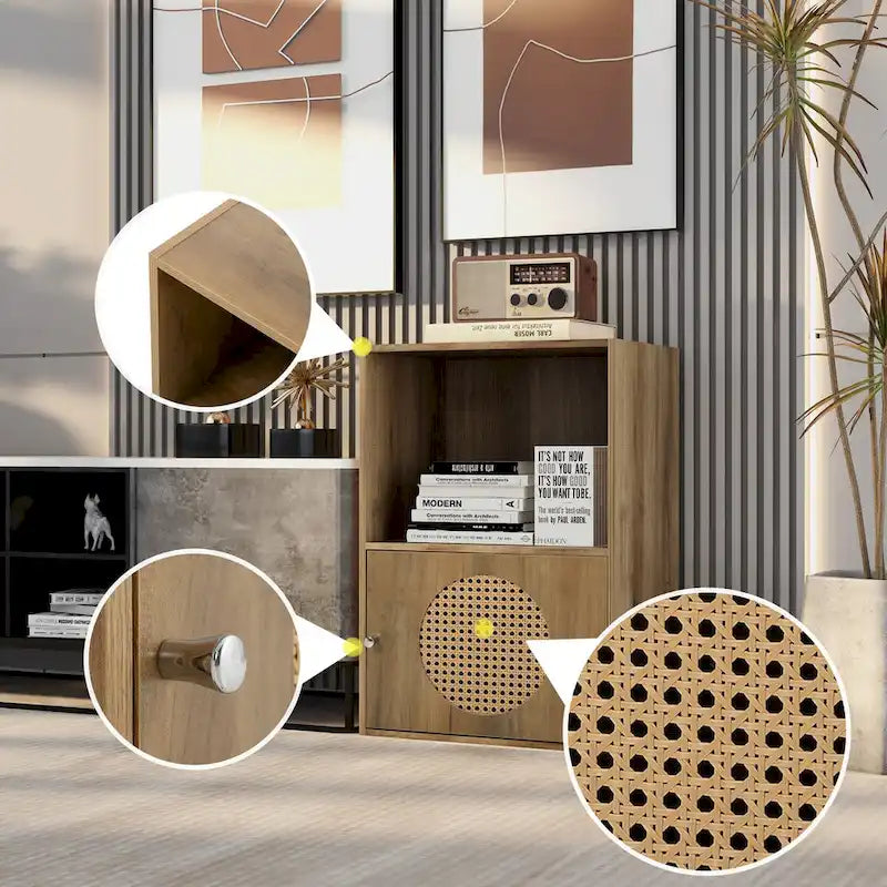 Staircase 9-Cube Storage Cabinet with PE Rattan Circle Door Panels and Open Display Shelves
