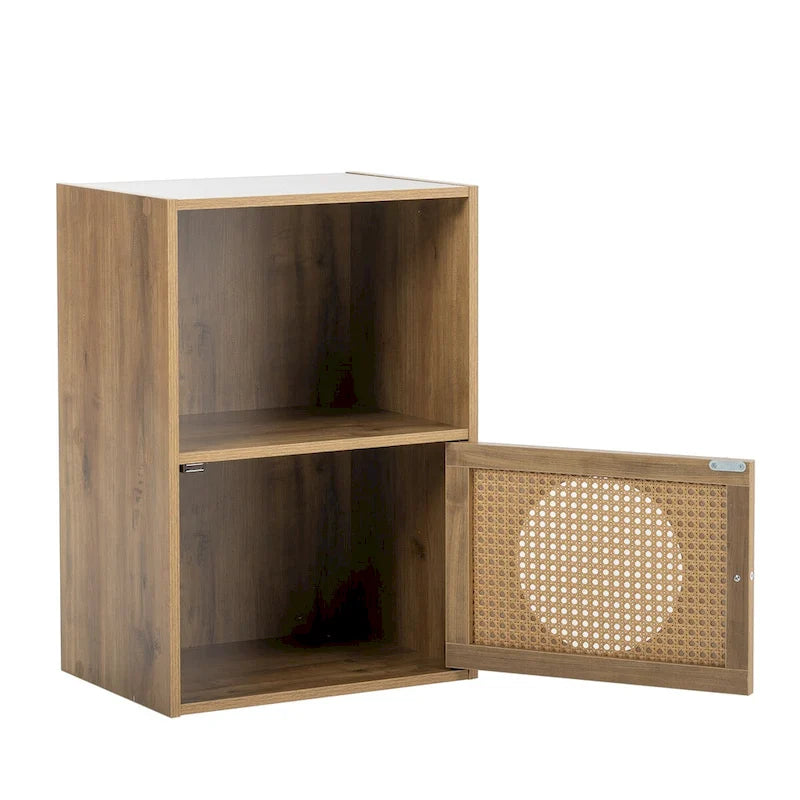 Staircase 9-Cube Storage Cabinet with PE Rattan Circle Door Panels and Open Display Shelves