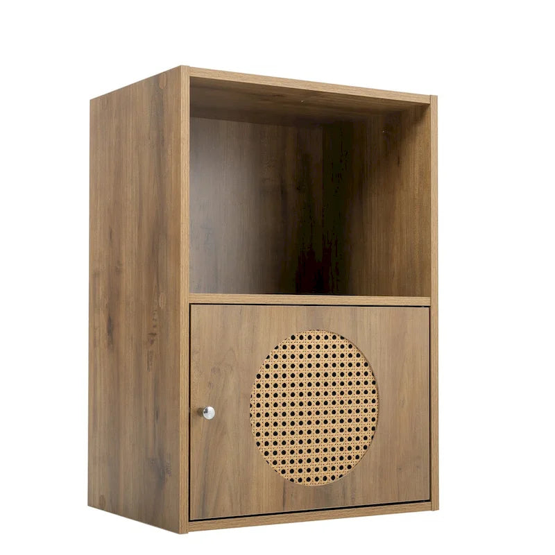 Staircase 9-Cube Storage Cabinet with PE Rattan Circle Door Panels and Open Display Shelves