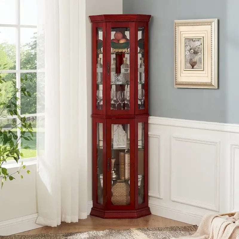 70 Inch hoher Eck-Vitrinenschrank mit seitlichen Glasflächen, zweiteiligen Türen, verspiegelter Rückwand, integrierter Beleuchtung und Kranzprofil