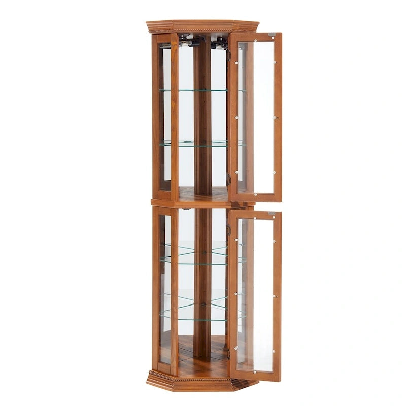 70 Inch Tall Corner Curio Cabinet with Glass Side Panels Two-Section Doors Mirrored Back Built-In Light and Crown Molding