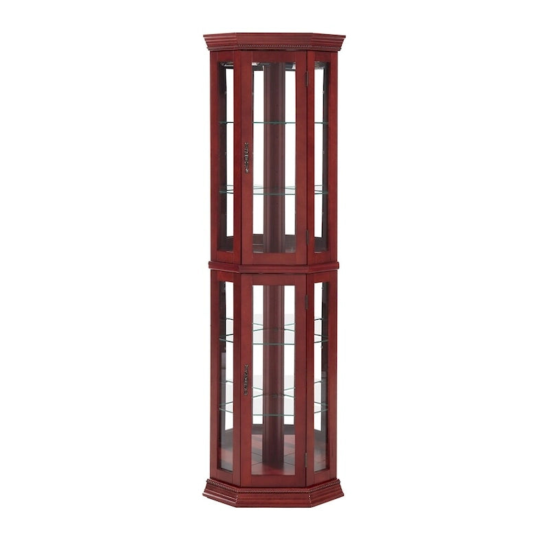 70 Inch hoher Eck-Vitrinenschrank mit seitlichen Glasflächen, zweiteiligen Türen, verspiegelter Rückwand, integrierter Beleuchtung und Kranzprofil