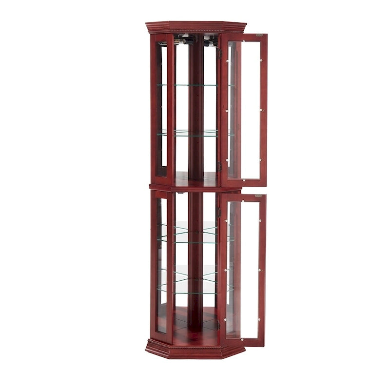 70 Inch hoher Eck-Vitrinenschrank mit seitlichen Glasflächen, zweiteiligen Türen, verspiegelter Rückwand, integrierter Beleuchtung und Kranzprofil