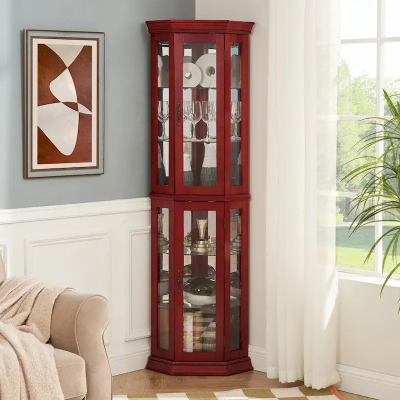 70 Inch hoher Eck-Vitrinenschrank mit seitlichen Glasflächen, zweiteiligen Türen, verspiegelter Rückwand, integrierter Beleuchtung und Kranzprofil
