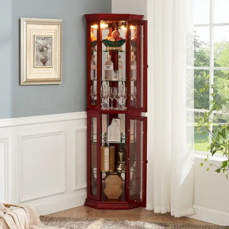 70 Inch hoher Eck-Vitrinenschrank mit seitlichen Glasflächen, zweiteiligen Türen, verspiegelter Rückwand, integrierter Beleuchtung und Kranzprofil