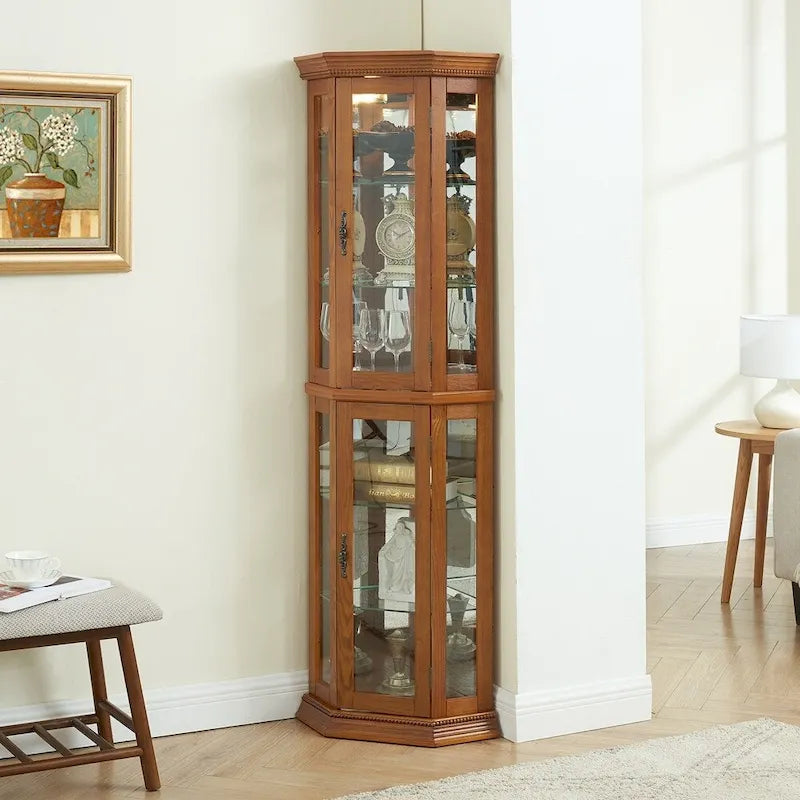 70 Inch hoher Eck-Vitrinenschrank mit seitlichen Glasflächen, zweiteiligen Türen, verspiegelter Rückwand, integrierter Beleuchtung und Kranzprofil