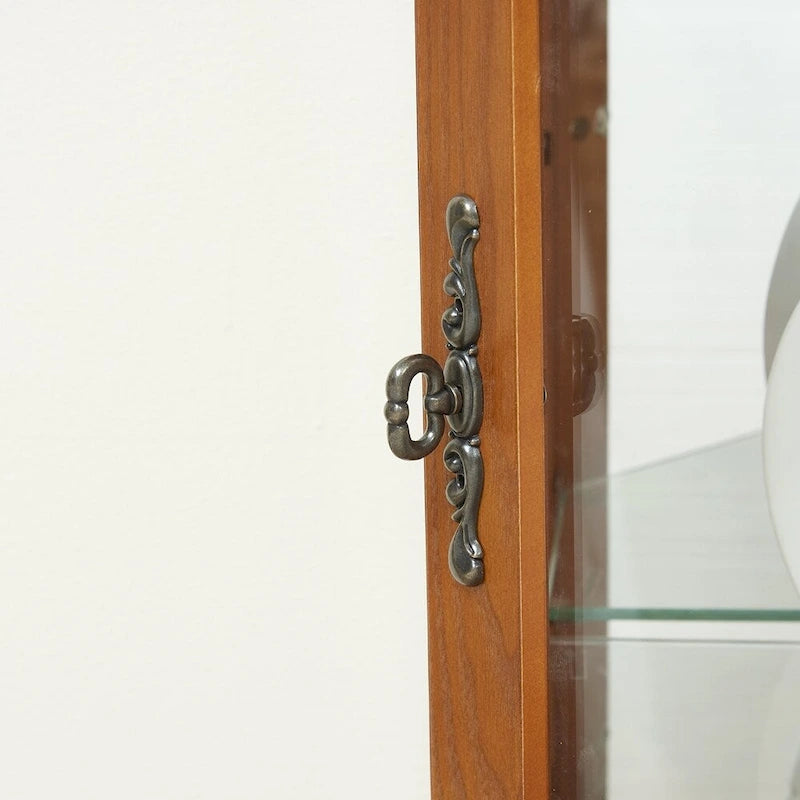 70 Inch hoher Eck-Vitrinenschrank mit seitlichen Glasflächen, zweiteiligen Türen, verspiegelter Rückwand, integrierter Beleuchtung und Kranzprofil