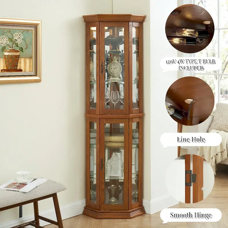 70 Inch hoher Eck-Vitrinenschrank mit seitlichen Glasflächen, zweiteiligen Türen, verspiegelter Rückwand, integrierter Beleuchtung und Kranzprofil