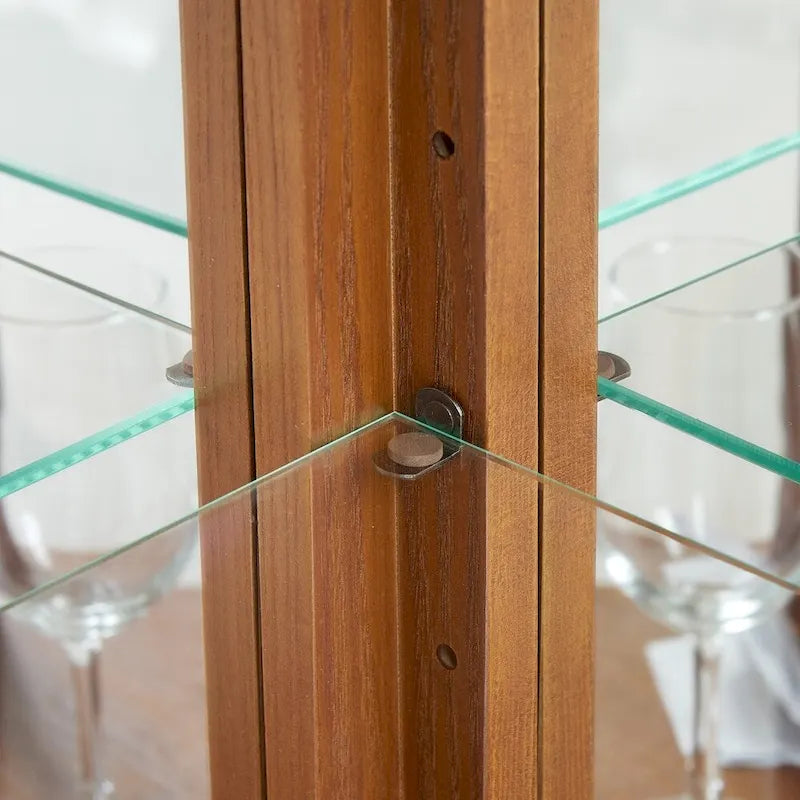 70 Inch hoher Eck-Vitrinenschrank mit seitlichen Glasflächen, zweiteiligen Türen, verspiegelter Rückwand, integrierter Beleuchtung und Kranzprofil