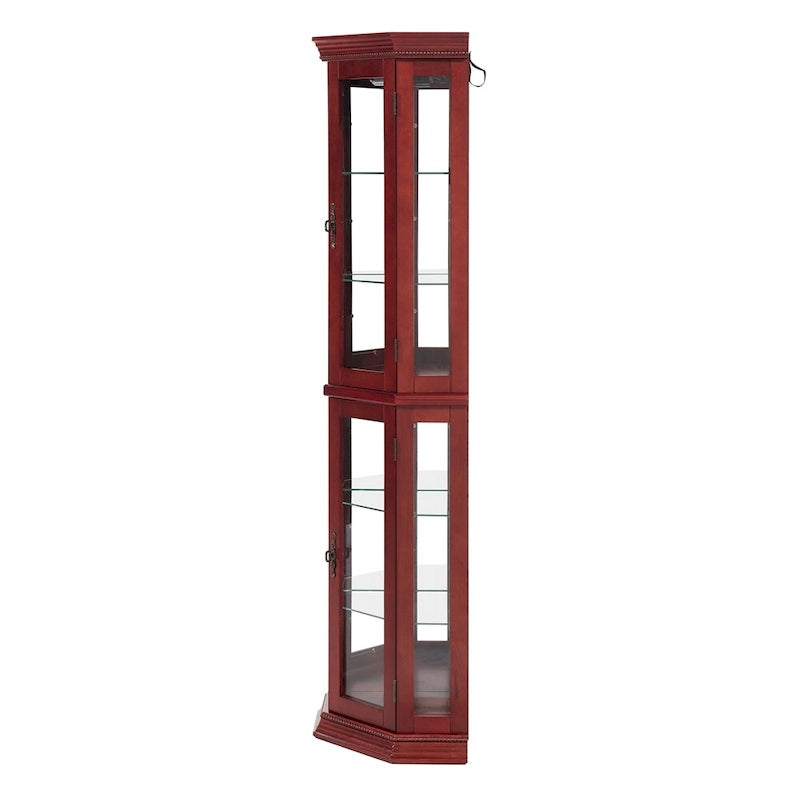 70 Inch hoher Eck-Vitrinenschrank mit seitlichen Glasflächen, zweiteiligen Türen, verspiegelter Rückwand, integrierter Beleuchtung und Kranzprofil