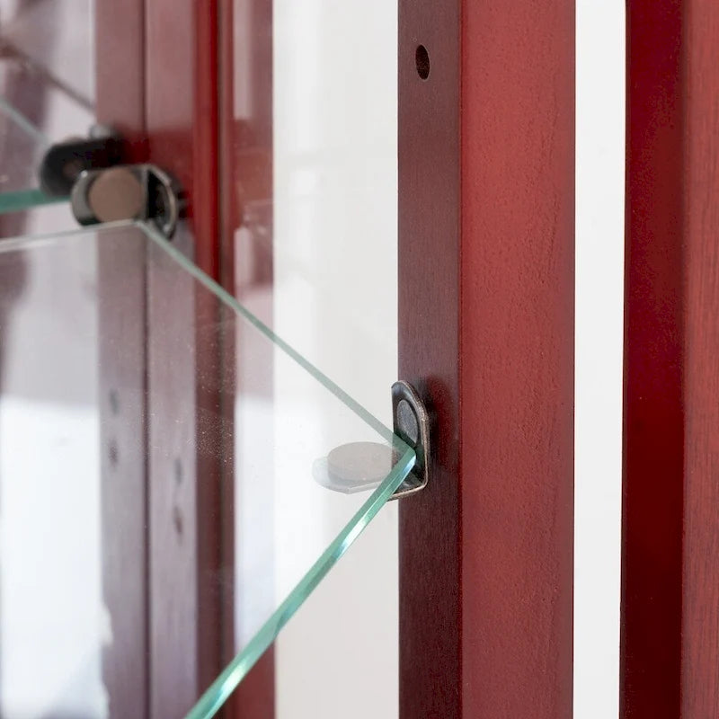 70 Inch hoher Eck-Vitrinenschrank mit seitlichen Glasflächen, zweiteiligen Türen, verspiegelter Rückwand, integrierter Beleuchtung und Kranzprofil