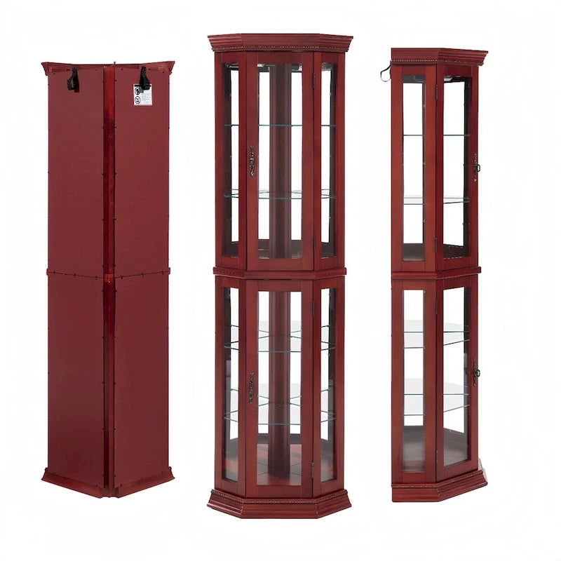 70 Inch hoher Eck-Vitrinenschrank mit seitlichen Glasflächen, zweiteiligen Türen, verspiegelter Rückwand, integrierter Beleuchtung und Kranzprofil