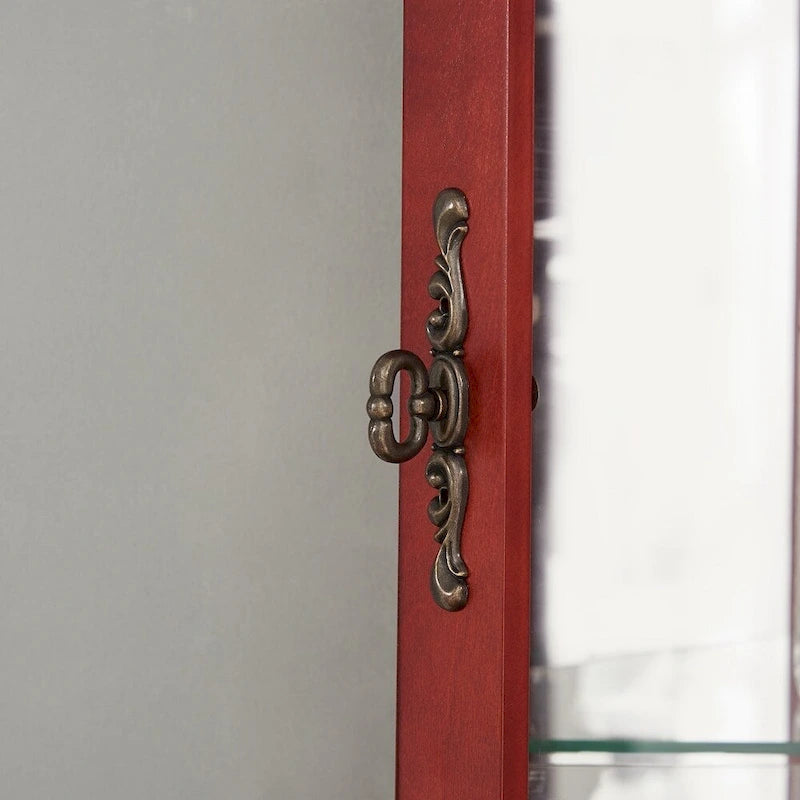 70 Inch hoher Eck-Vitrinenschrank mit seitlichen Glasflächen, zweiteiligen Türen, verspiegelter Rückwand, integrierter Beleuchtung und Kranzprofil