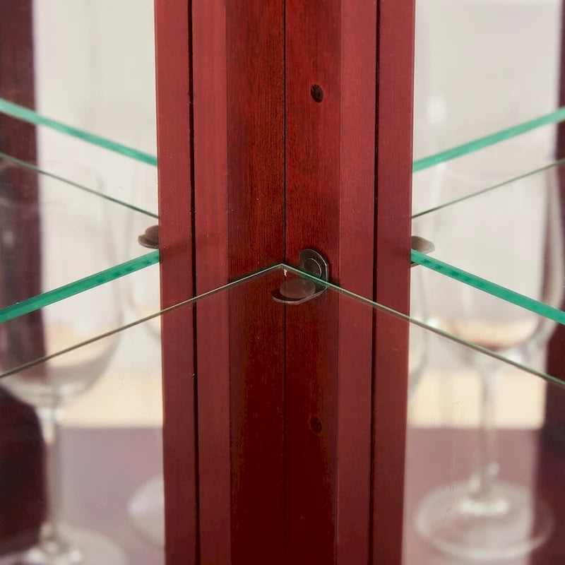 70 Inch hoher Eck-Vitrinenschrank mit seitlichen Glasflächen, zweiteiligen Türen, verspiegelter Rückwand, integrierter Beleuchtung und Kranzprofil