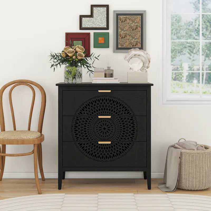 3-Drawer Accent Cabinet with Circular Hollow-Carved Medallion Panel Gold Bar Pulls and Manchurian Ash Veneer