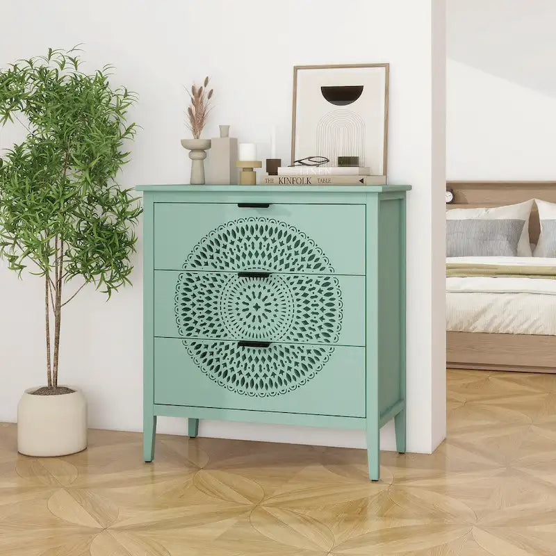 3-Drawer Accent Cabinet with Circular Hollow-Carved Medallion Panel Gold Bar Pulls and Manchurian Ash Veneer