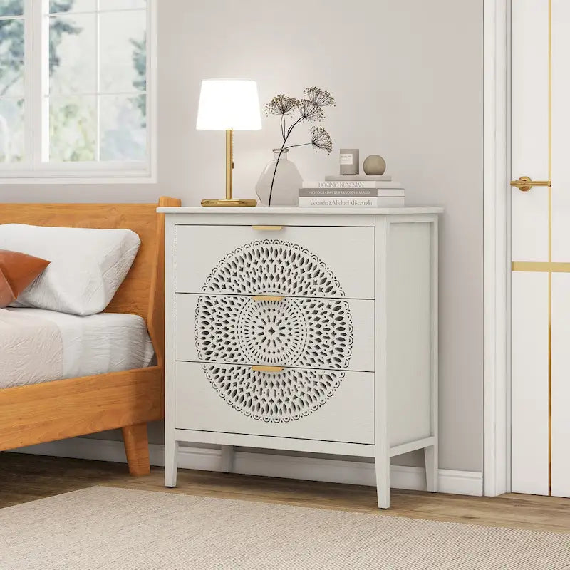 3-Drawer Accent Cabinet with Circular Hollow-Carved Medallion Panel Gold Bar Pulls and Manchurian Ash Veneer