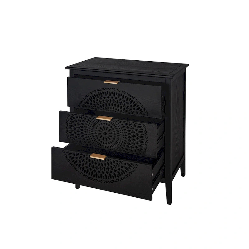 3-Drawer Accent Cabinet with Circular Hollow-Carved Medallion Panel Gold Bar Pulls and Manchurian Ash Veneer