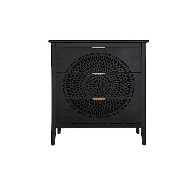 3-Drawer Accent Cabinet with Circular Hollow-Carved Medallion Panel Gold Bar Pulls and Manchurian Ash Veneer
