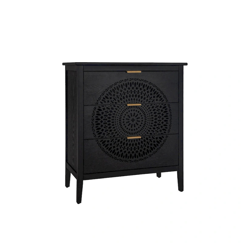3-Drawer Accent Cabinet with Circular Hollow-Carved Medallion Panel Gold Bar Pulls and Manchurian Ash Veneer