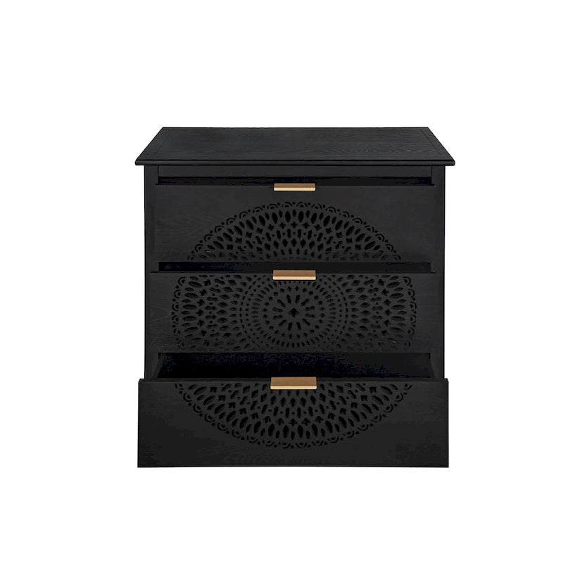 3-Drawer Accent Cabinet with Circular Hollow-Carved Medallion Panel Gold Bar Pulls and Manchurian Ash Veneer
