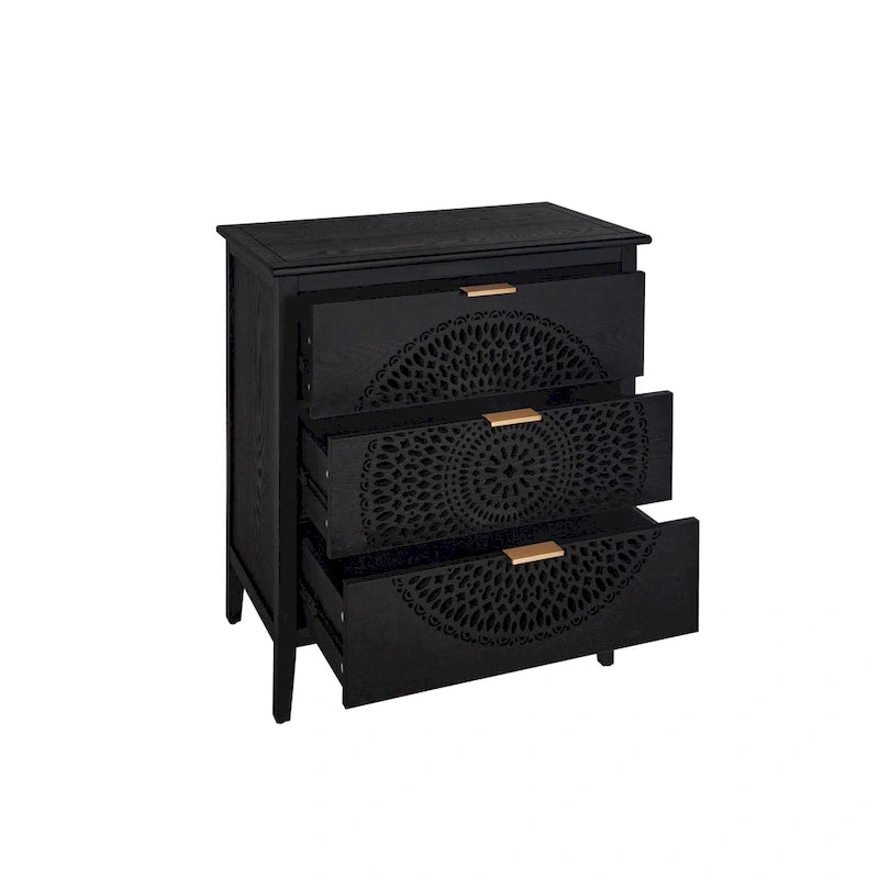 3-Drawer Accent Cabinet with Circular Hollow-Carved Medallion Panel Gold Bar Pulls and Manchurian Ash Veneer