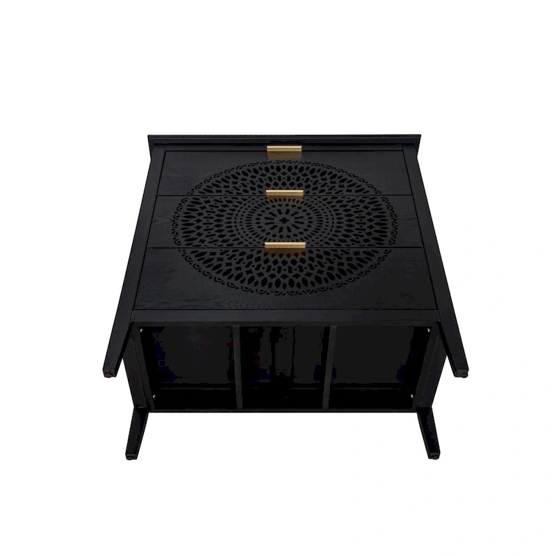 3-Drawer Accent Cabinet with Circular Hollow-Carved Medallion Panel Gold Bar Pulls and Manchurian Ash Veneer