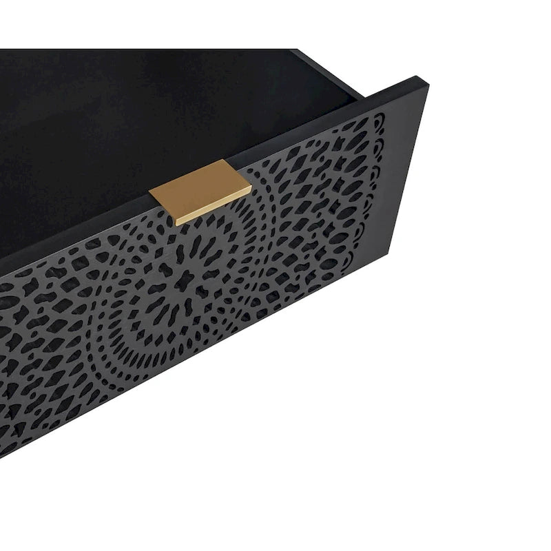 3-Drawer Accent Cabinet with Circular Hollow-Carved Medallion Panel Gold Bar Pulls and Manchurian Ash Veneer