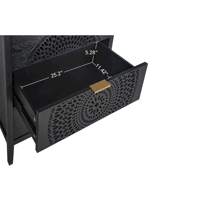 3-Drawer Accent Cabinet with Circular Hollow-Carved Medallion Panel Gold Bar Pulls and Manchurian Ash Veneer