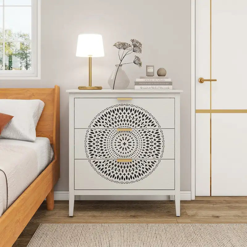 3-Drawer Accent Cabinet with Circular Hollow-Carved Medallion Panel Gold Bar Pulls and Manchurian Ash Veneer