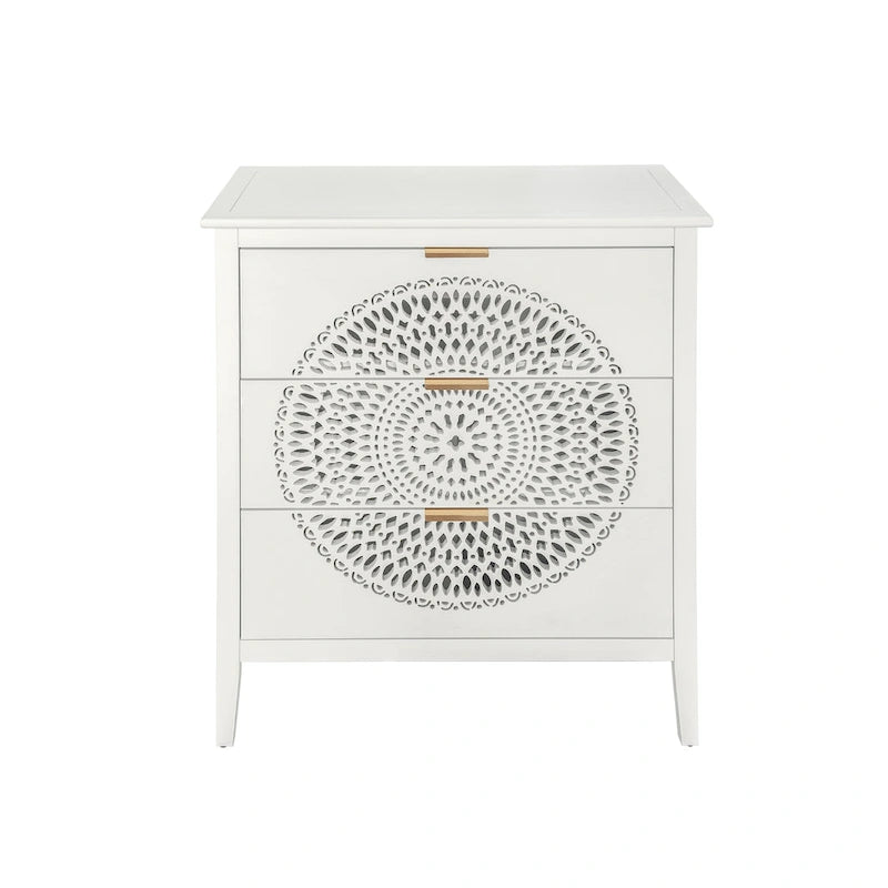 3-Drawer Accent Cabinet with Circular Hollow-Carved Medallion Panel Gold Bar Pulls and Manchurian Ash Veneer