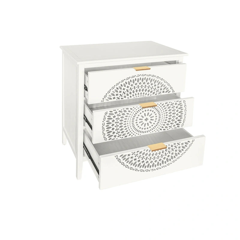 3-Drawer Accent Cabinet with Circular Hollow-Carved Medallion Panel Gold Bar Pulls and Manchurian Ash Veneer
