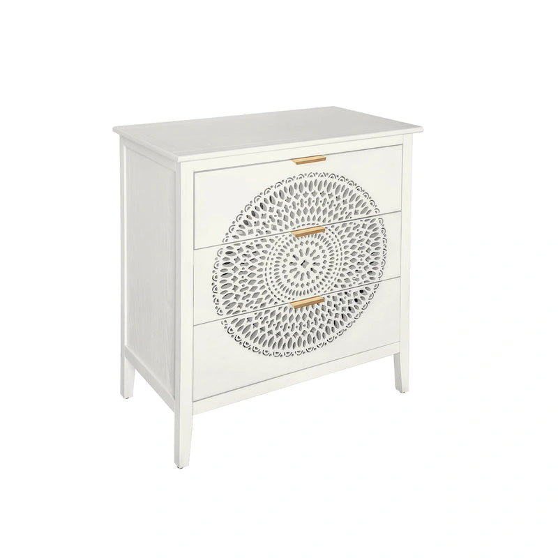 3-Drawer Accent Cabinet with Circular Hollow-Carved Medallion Panel Gold Bar Pulls and Manchurian Ash Veneer
