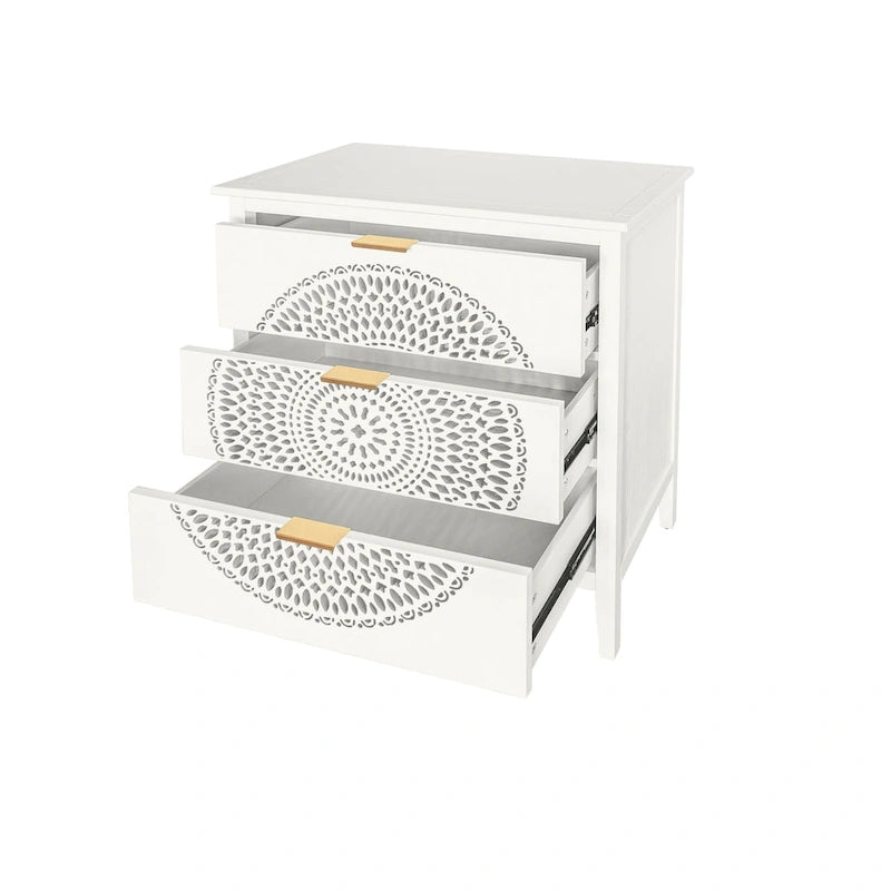 3-Drawer Accent Cabinet with Circular Hollow-Carved Medallion Panel Gold Bar Pulls and Manchurian Ash Veneer