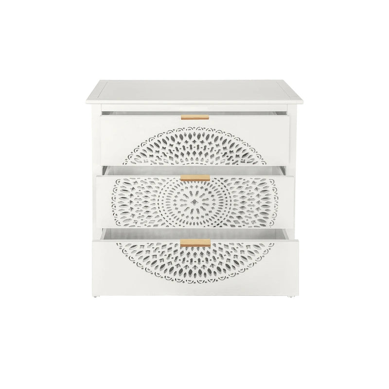 3-Drawer Accent Cabinet with Circular Hollow-Carved Medallion Panel Gold Bar Pulls and Manchurian Ash Veneer