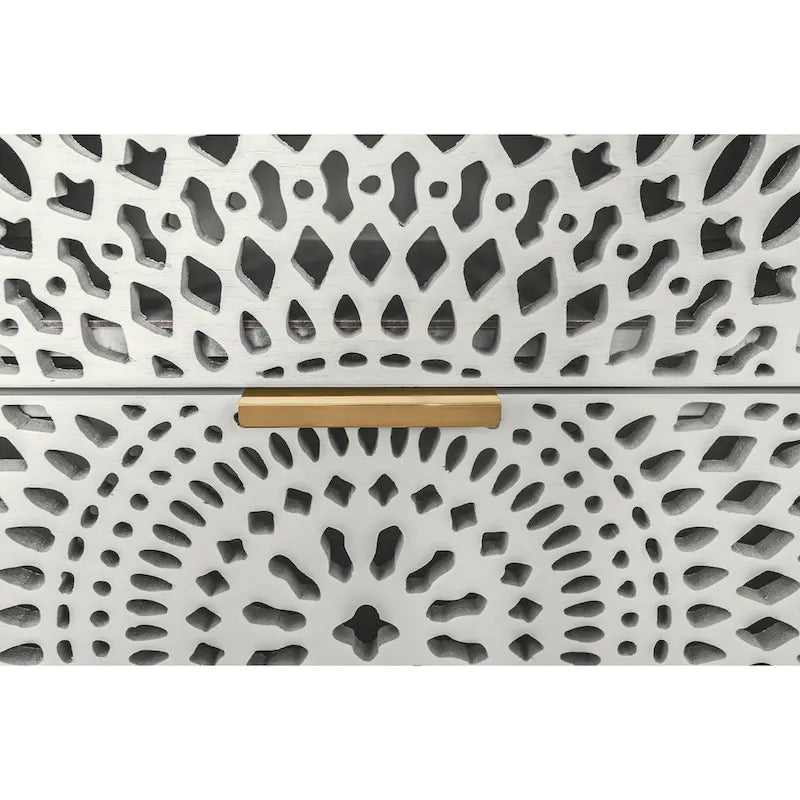 3-Drawer Accent Cabinet with Circular Hollow-Carved Medallion Panel Gold Bar Pulls and Manchurian Ash Veneer