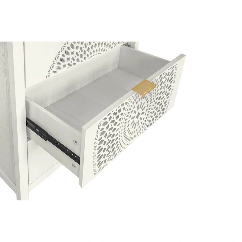 3-Drawer Accent Cabinet with Circular Hollow-Carved Medallion Panel Gold Bar Pulls and Manchurian Ash Veneer