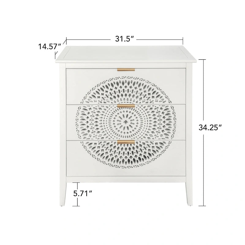 3-Drawer Accent Cabinet with Circular Hollow-Carved Medallion Panel Gold Bar Pulls and Manchurian Ash Veneer