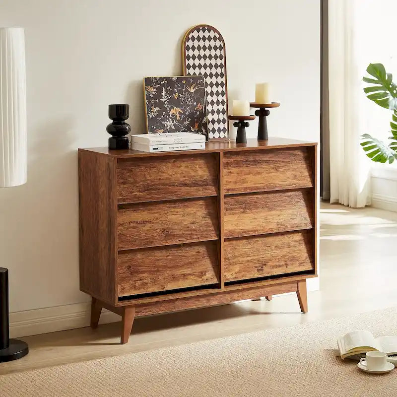 Wide Bedroom Dresser with Handleless Bevel-Front Drawers and Solid Wood Legs