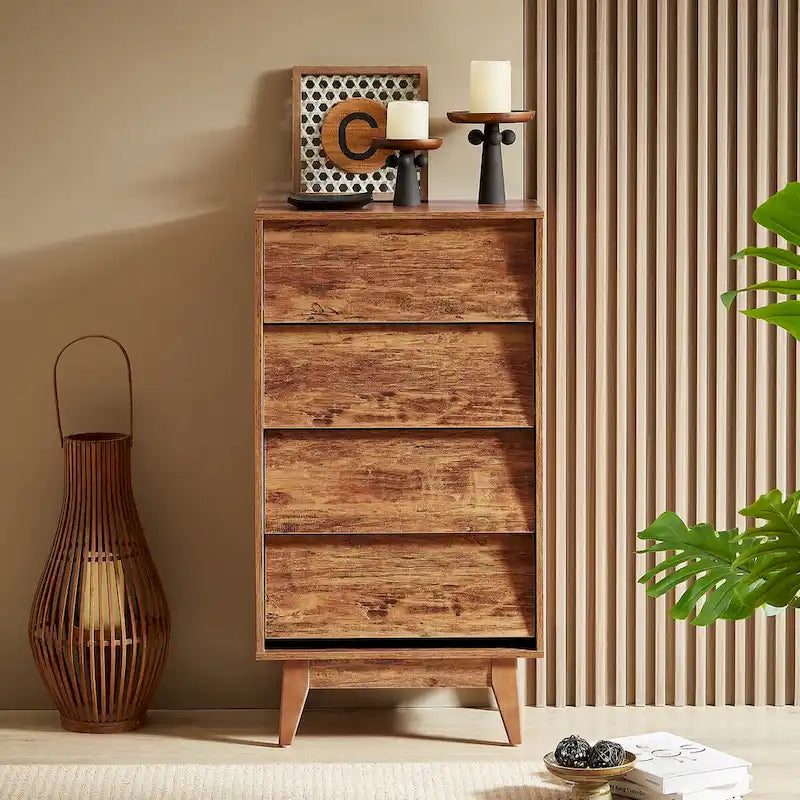 Wide Bedroom Dresser with Handleless Bevel-Front Drawers and Solid Wood Legs