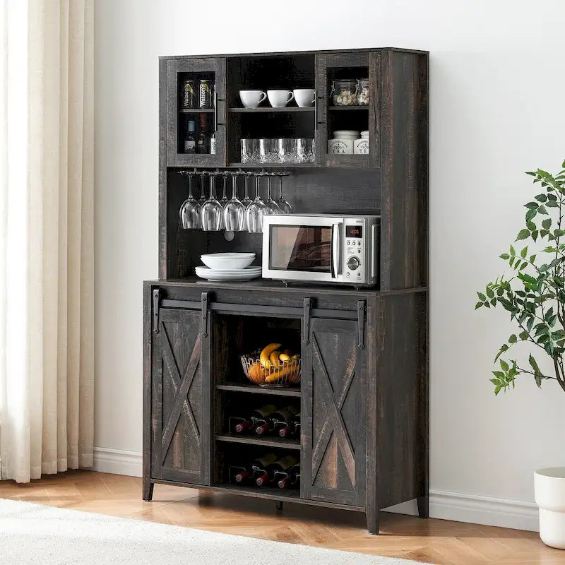 Farmhouse Wine Bar Cabinet with Sliding Barn Door Wine Rack and Stemware Holder