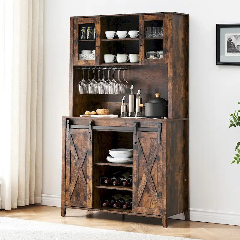 Farmhouse Wine Bar Cabinet with Sliding Barn Door Wine Rack and Stemware Holder