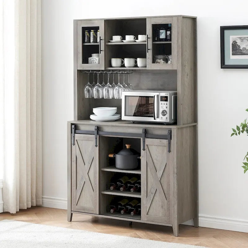 Farmhouse Wine Bar Cabinet with Sliding Barn Door Wine Rack and Stemware Holder