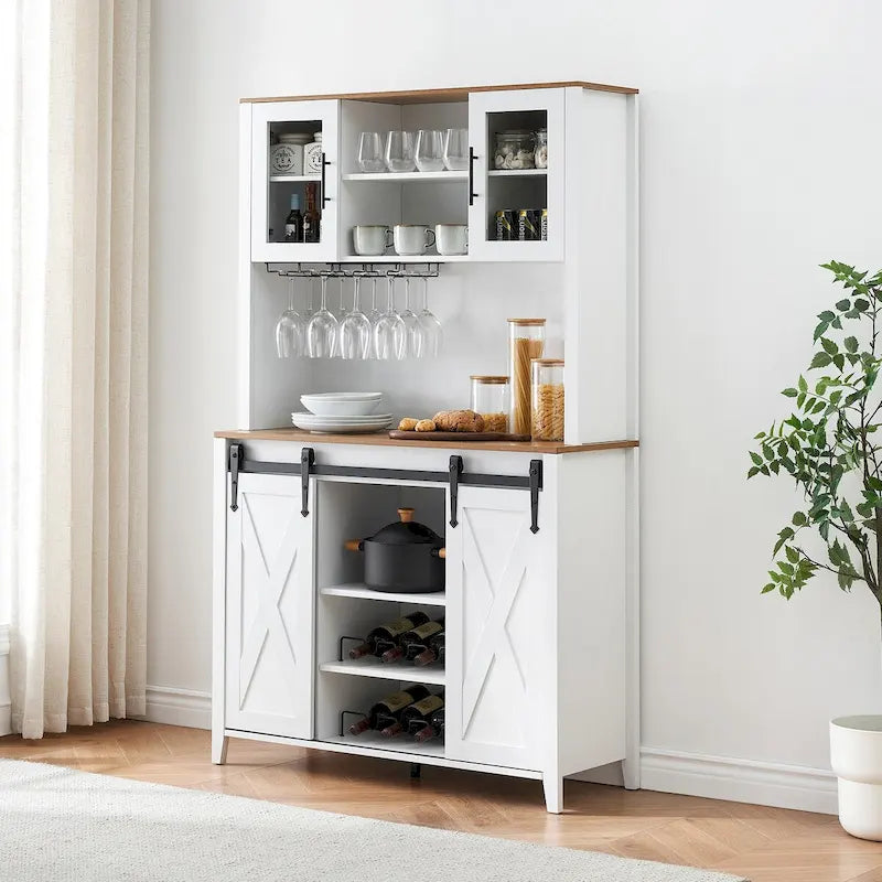 Farmhouse Wine Bar Cabinet with Sliding Barn Door Wine Rack and Stemware Holder