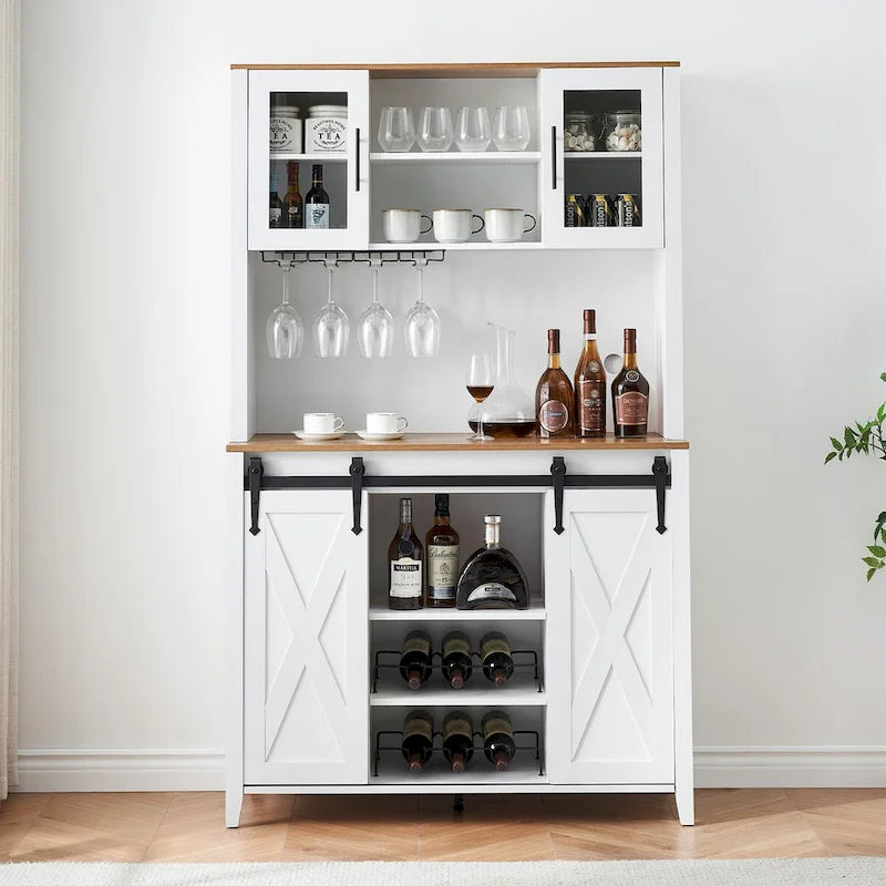 Farmhouse Wine Bar Cabinet with Sliding Barn Door Wine Rack and Stemware Holder