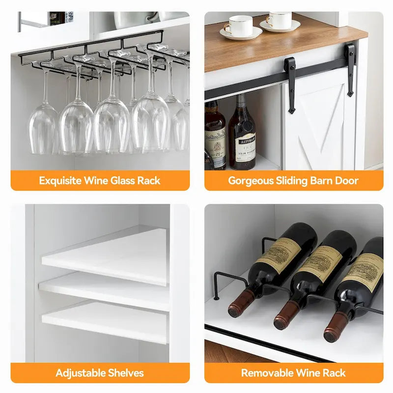 Farmhouse Wine Bar Cabinet with Sliding Barn Door Wine Rack and Stemware Holder