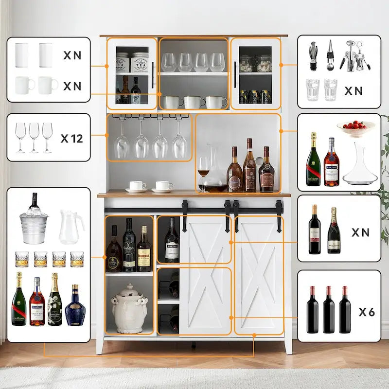 Farmhouse Wine Bar Cabinet with Sliding Barn Door Wine Rack and Stemware Holder