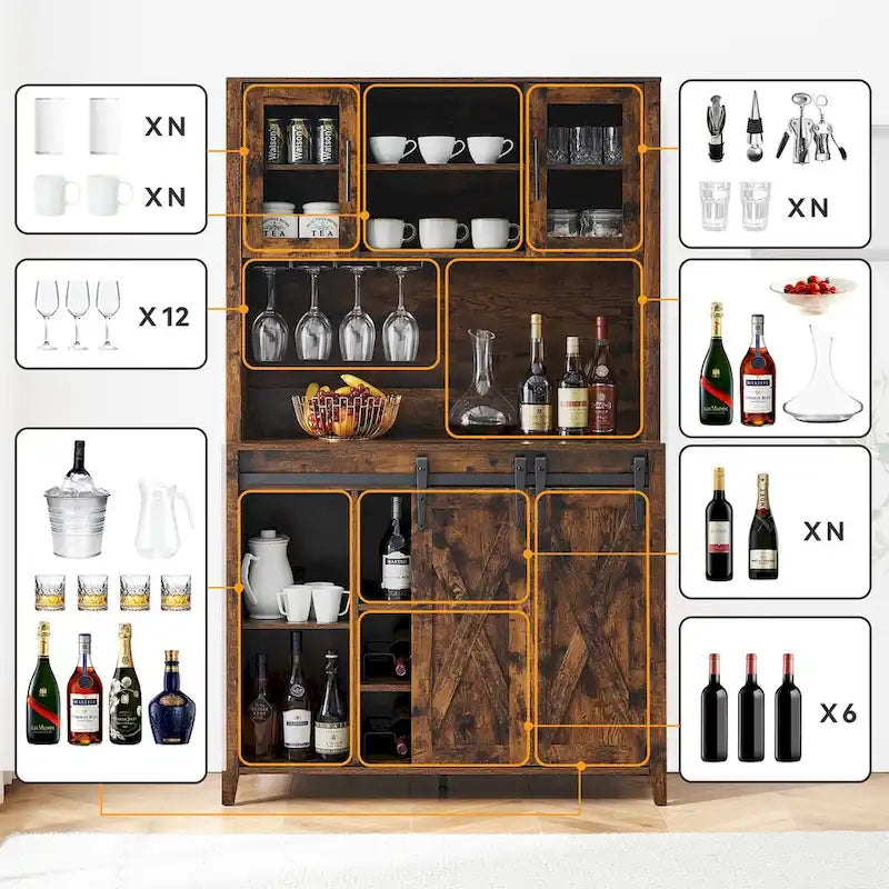 Weinbar-Schrank im Landhausstil mit Schiebetür in Scheunenoptik, Weinregal und Glashalter