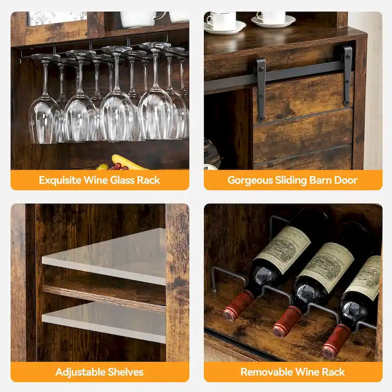 Weinbar-Schrank im Landhausstil mit Schiebetür in Scheunenoptik, Weinregal und Glashalter